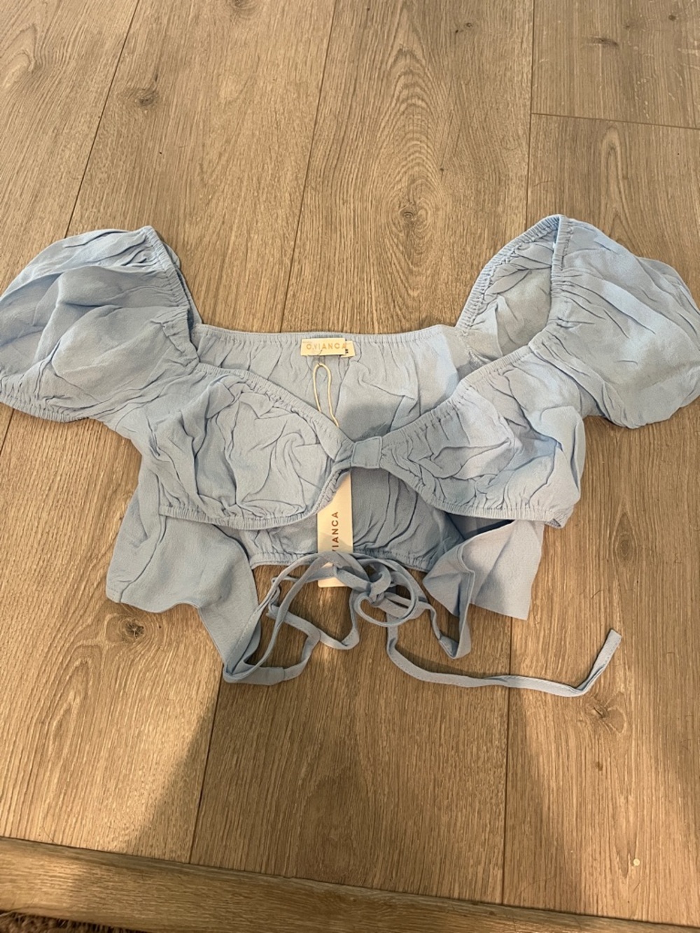 Baby Blue Puff Sleeve Tie-Front Crop Top